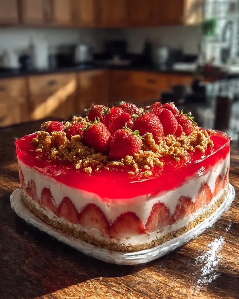 Strawberry No-Bake Delight dessert ready to serve.
