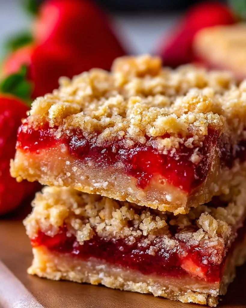 Strawberry oatmeal crumble bars with fresh strawberries on a wooden table