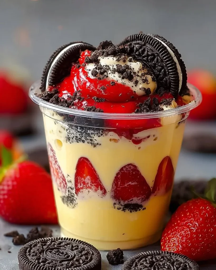 Strawberry Oreo Cheesecake Cups topped with fresh strawberries and crushed Oreos