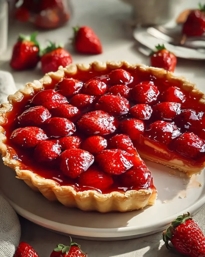 Delicious homemade strawberry pie with fresh berries and flaky crust