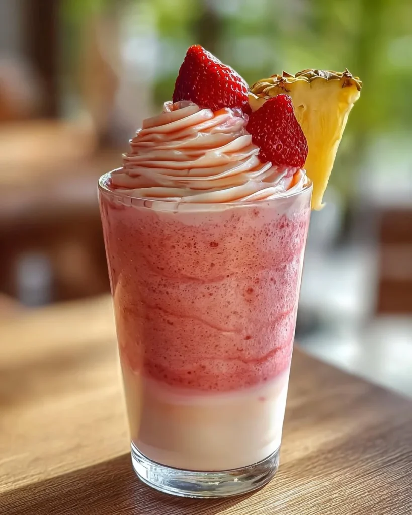 Strawberry Piña Colada Smoothie in a glass with fresh fruits