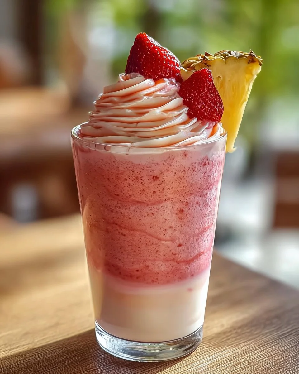 Strawberry Piña Colada Smoothie in a glass with fresh fruits