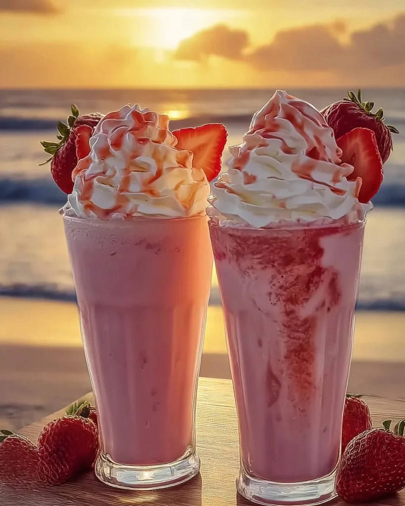 Strawberry Piña Colada cocktail with Malibu frosting garnished with fresh strawberries