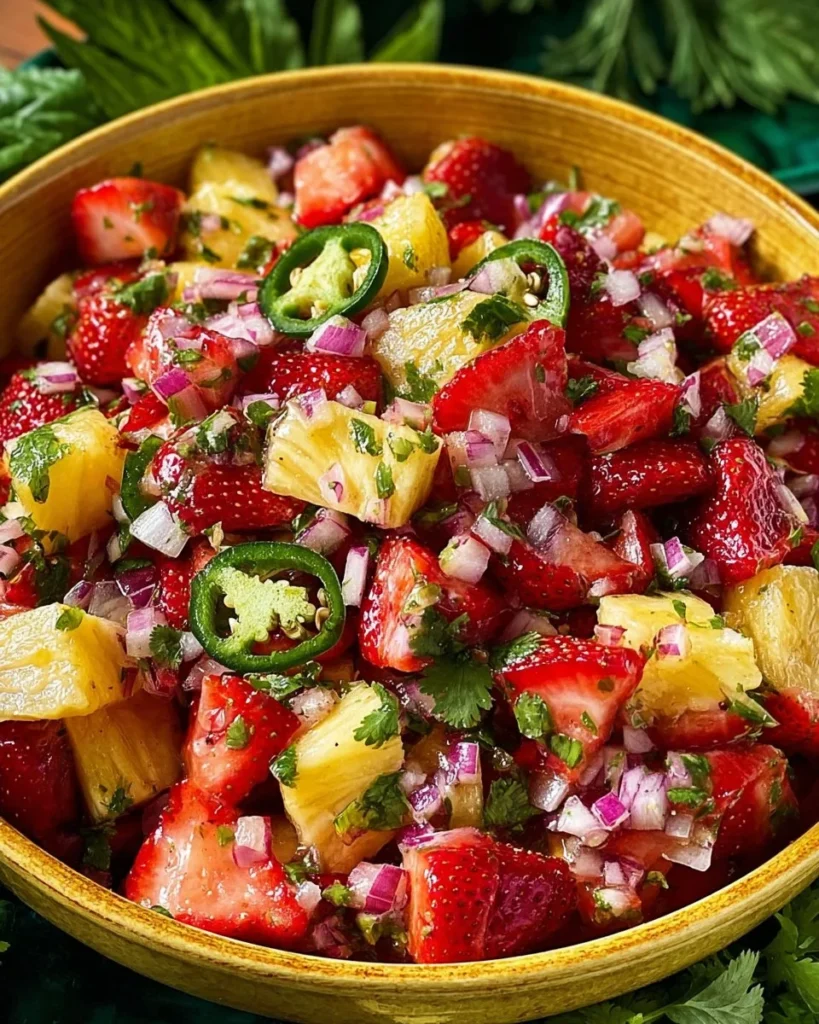 Delicious strawberry pineapple salsa served with tortilla chips