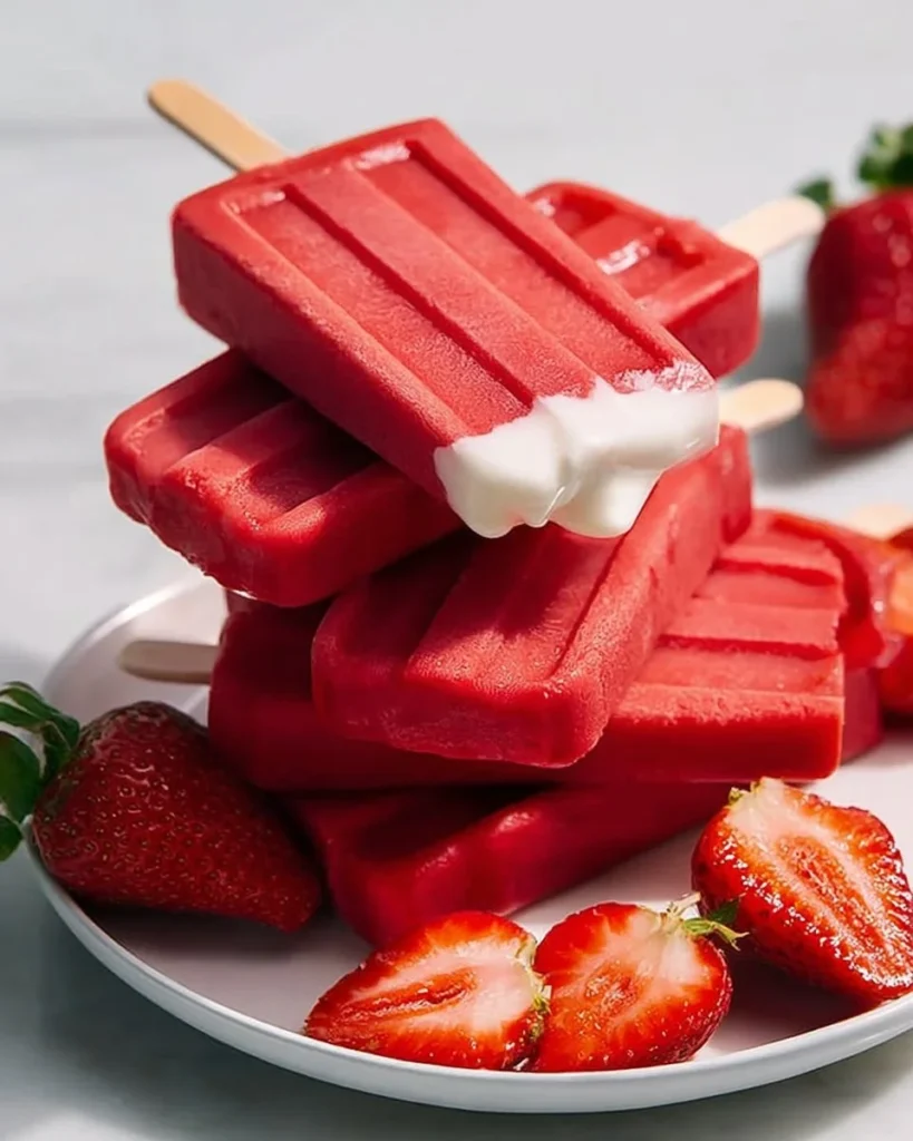 Delicious strawberry popsicles made with condensed milk