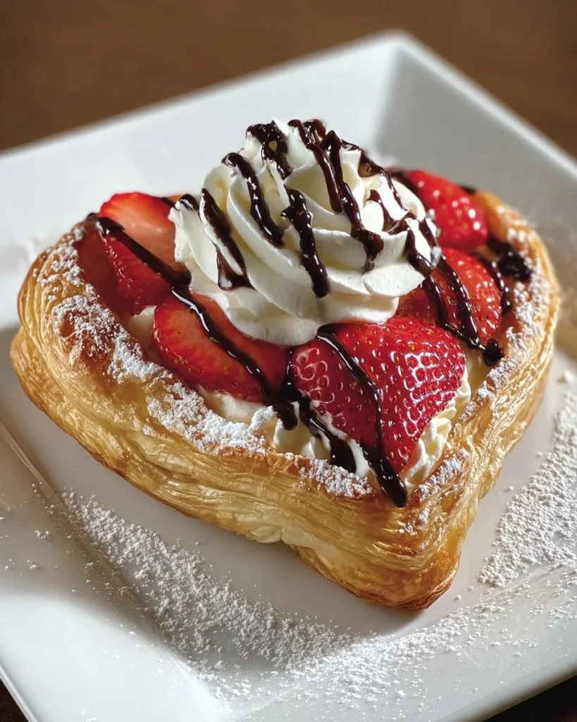 Freshly baked strawberry puff pastry hearts on a wooden table