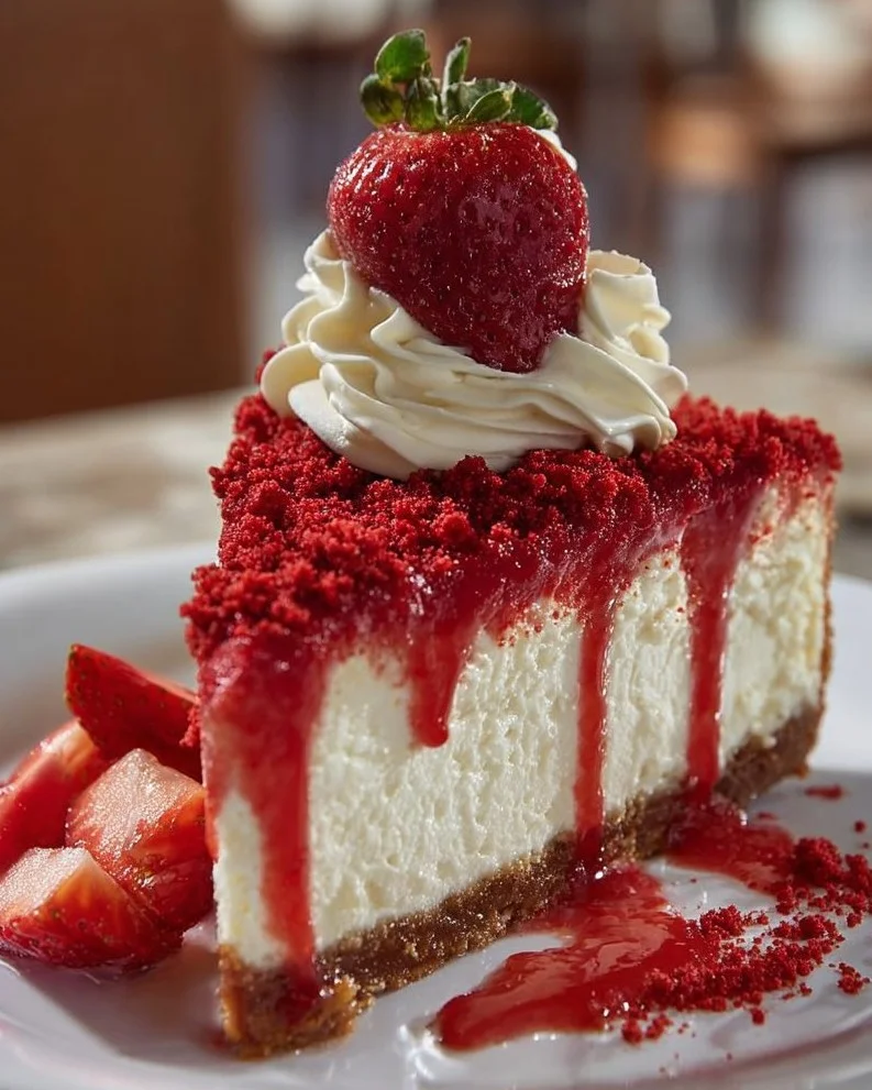 Delicious Strawberry Red Velvet Cheesecake with a rich creamy layer and vibrant red color