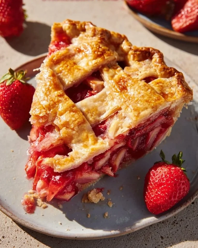 Slice of Strawberry Rhubarb Slab Pie with fresh strawberries and rhubarb