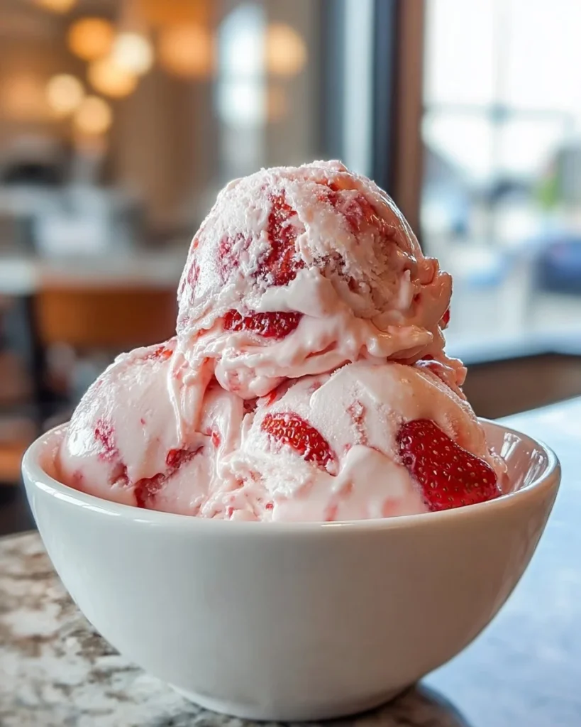 Delicious strawberry ice cream in a wholesome, creamy texture with fresh strawberries