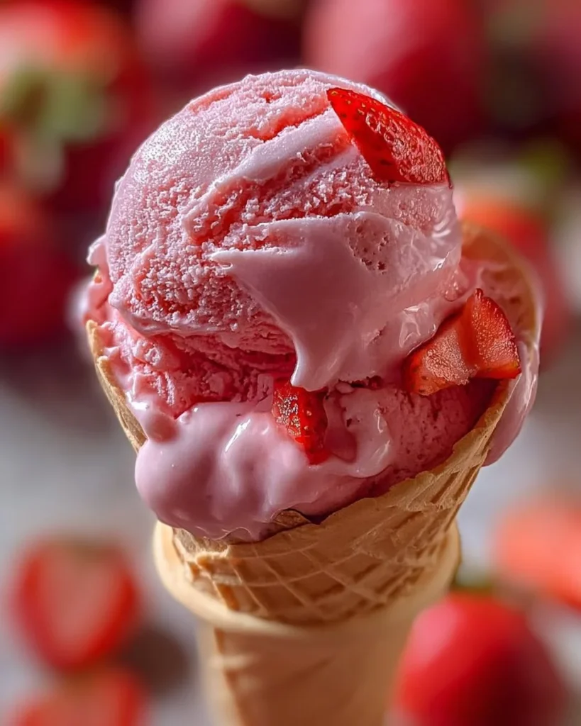 Delicious strawberry ice cream served in a bowl with fresh strawberries on top.