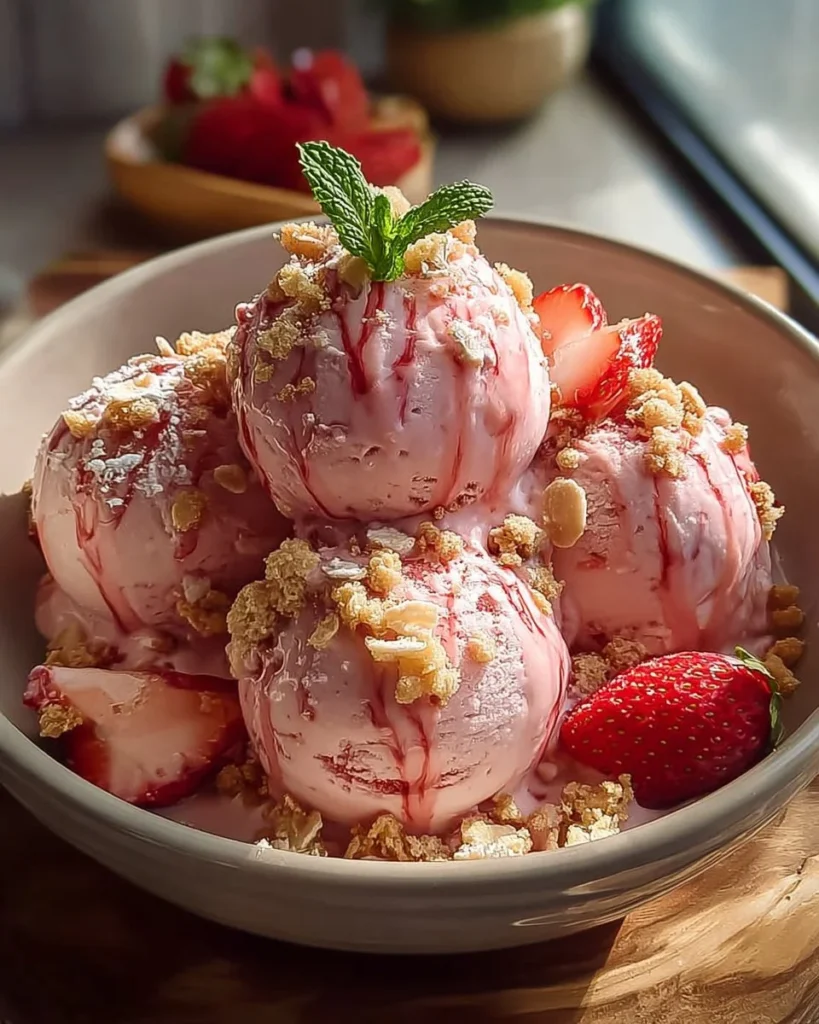 Bowl of strawberry ice cream topped with fresh strawberries and mint leaves.
