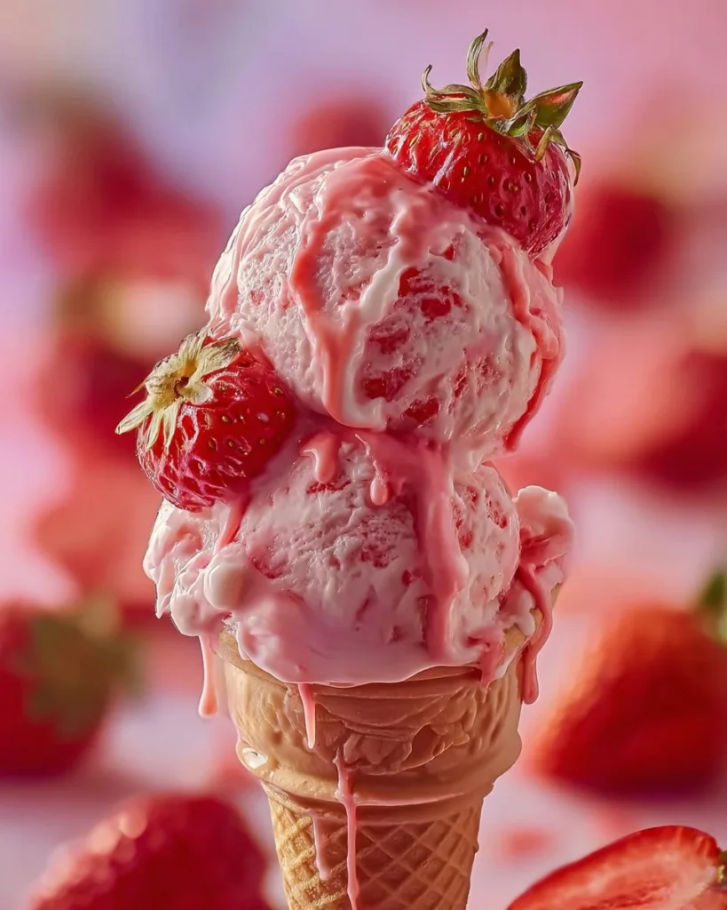 Creamy strawberry ice cream with fresh strawberries in a bowl