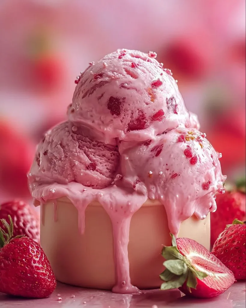 Strawberry Sensation Ice Cream served in a bowl with fresh strawberries on top