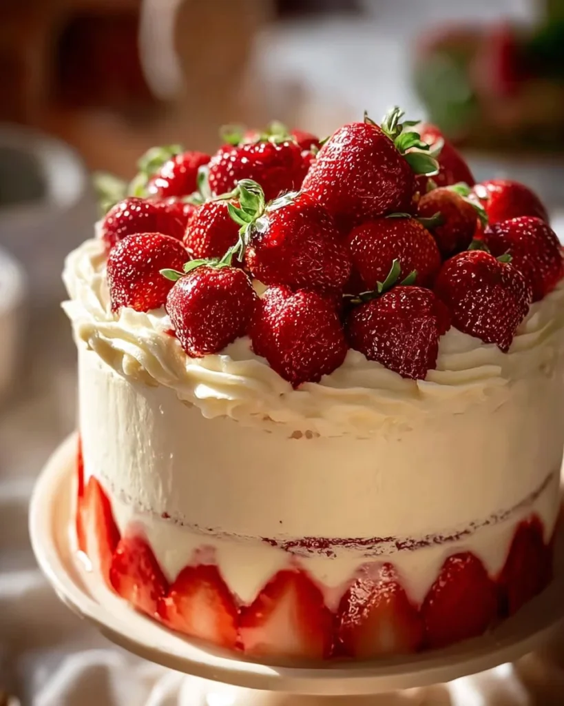 Delicious strawberry shortcake cake with fresh strawberries and whipped cream