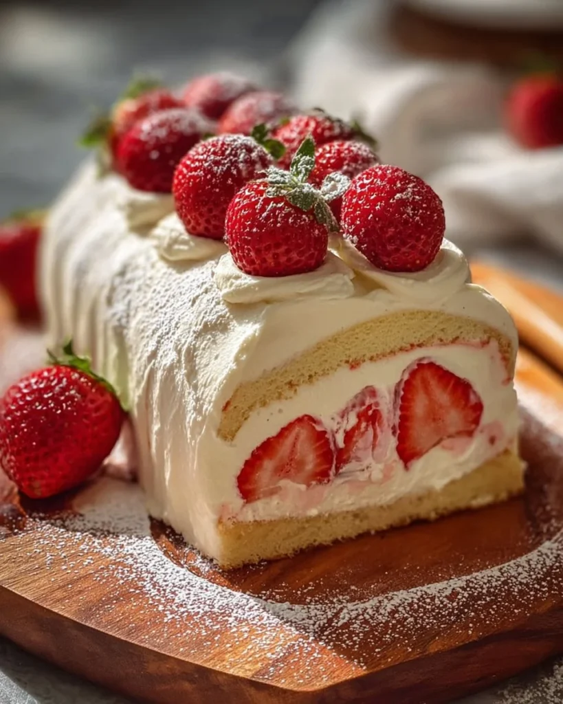 Homemade Strawberry Shortcake Cake Roll with fresh strawberries and cream filling