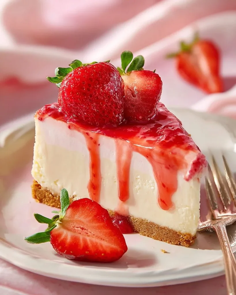 Delicious strawberry shortcake cheesecake topped with fresh strawberries