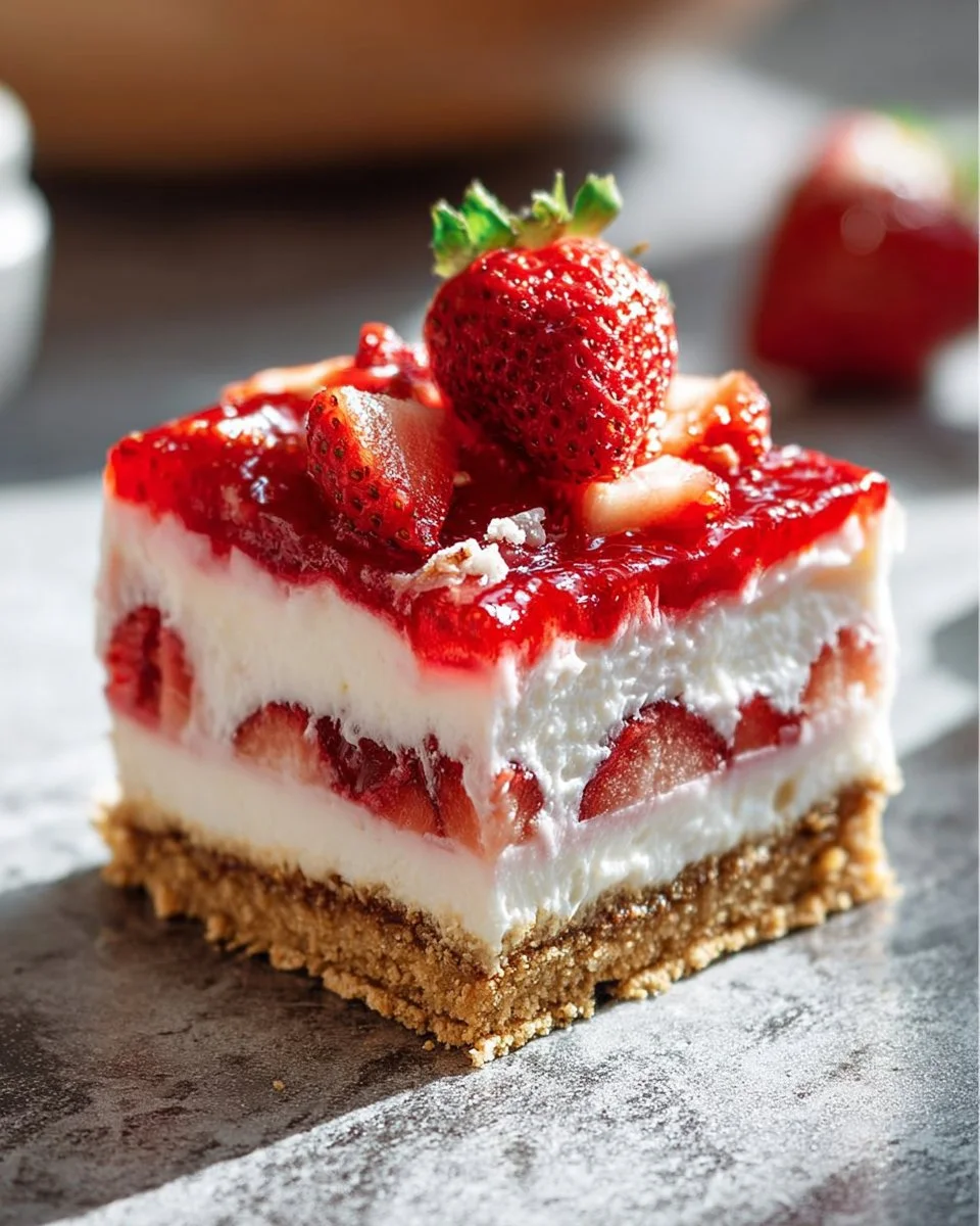 Delicious Strawberry Shortcake Cheesecake Bars topped with fresh strawberries