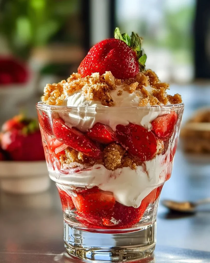 Delicious Strawberry Shortcake Cheesecake Parfait with layers of cream and strawberries