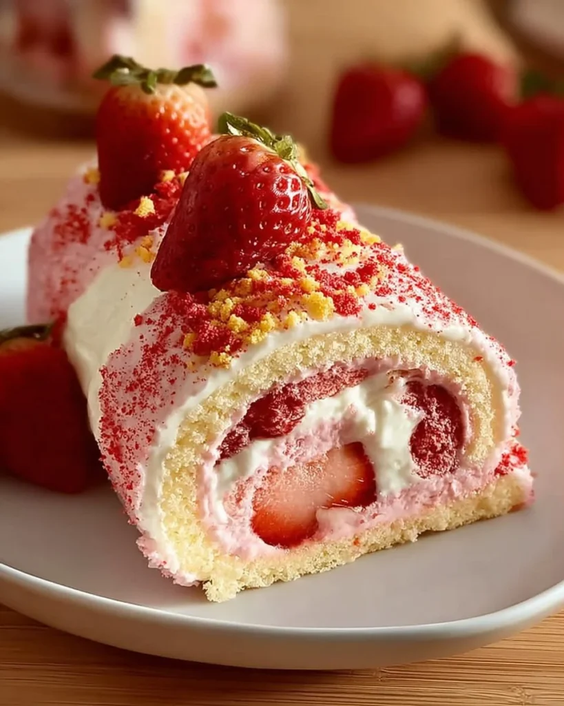 Strawberry Shortcake Cheesecake Rolls drizzled with cream and fresh strawberries