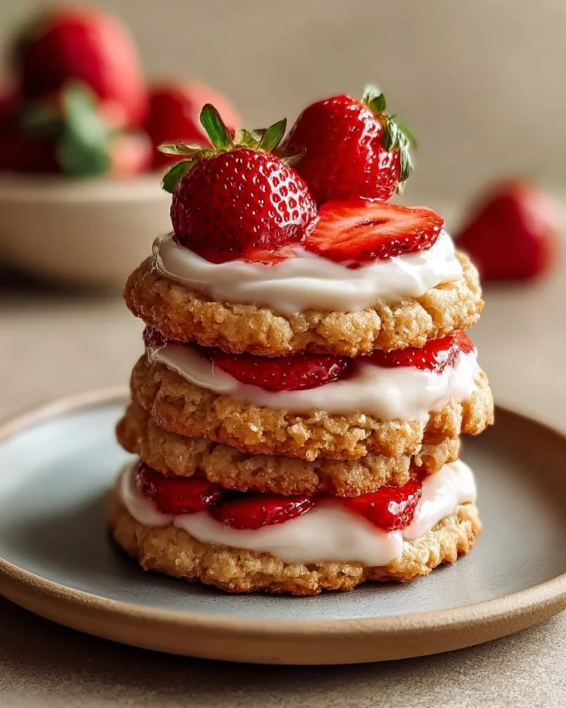 Delicious Strawberry Shortcake Cookies arranged on a plate.