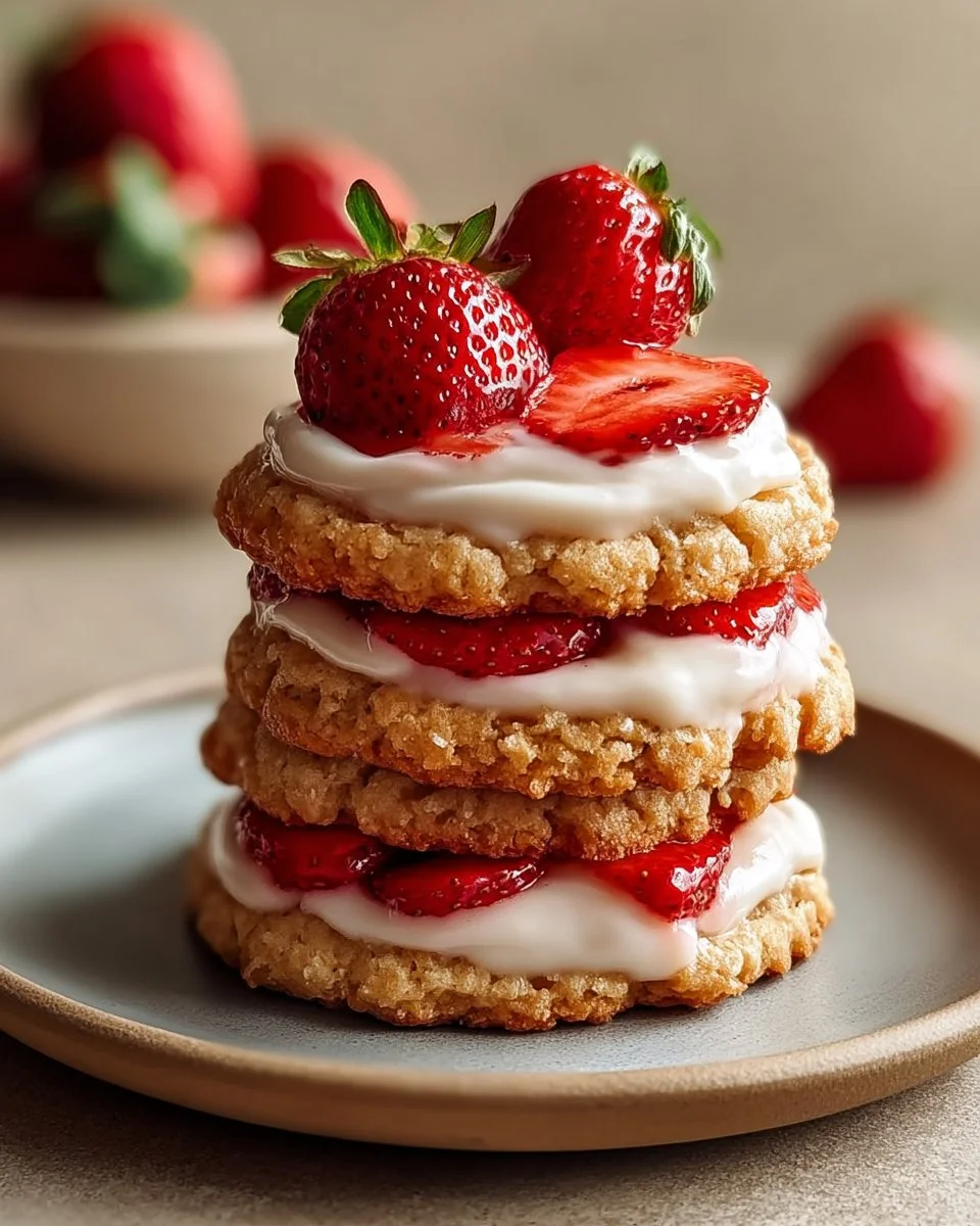 Delicious Strawberry Shortcake Cookies arranged on a plate.