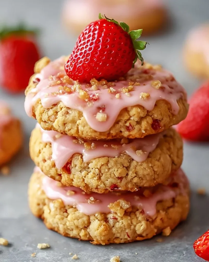 Delicious Strawberry Shortcake Cookies topped with fresh strawberries and whipped cream.