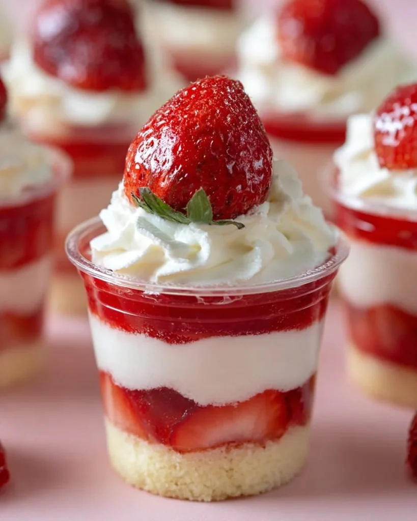 Strawberry shortcake dessert cups topped with fresh strawberries and whipped cream