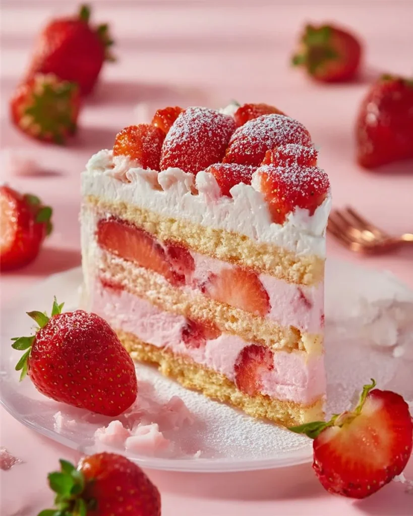 Delicious strawberry shortcake ice cream cake topped with fresh strawberries.