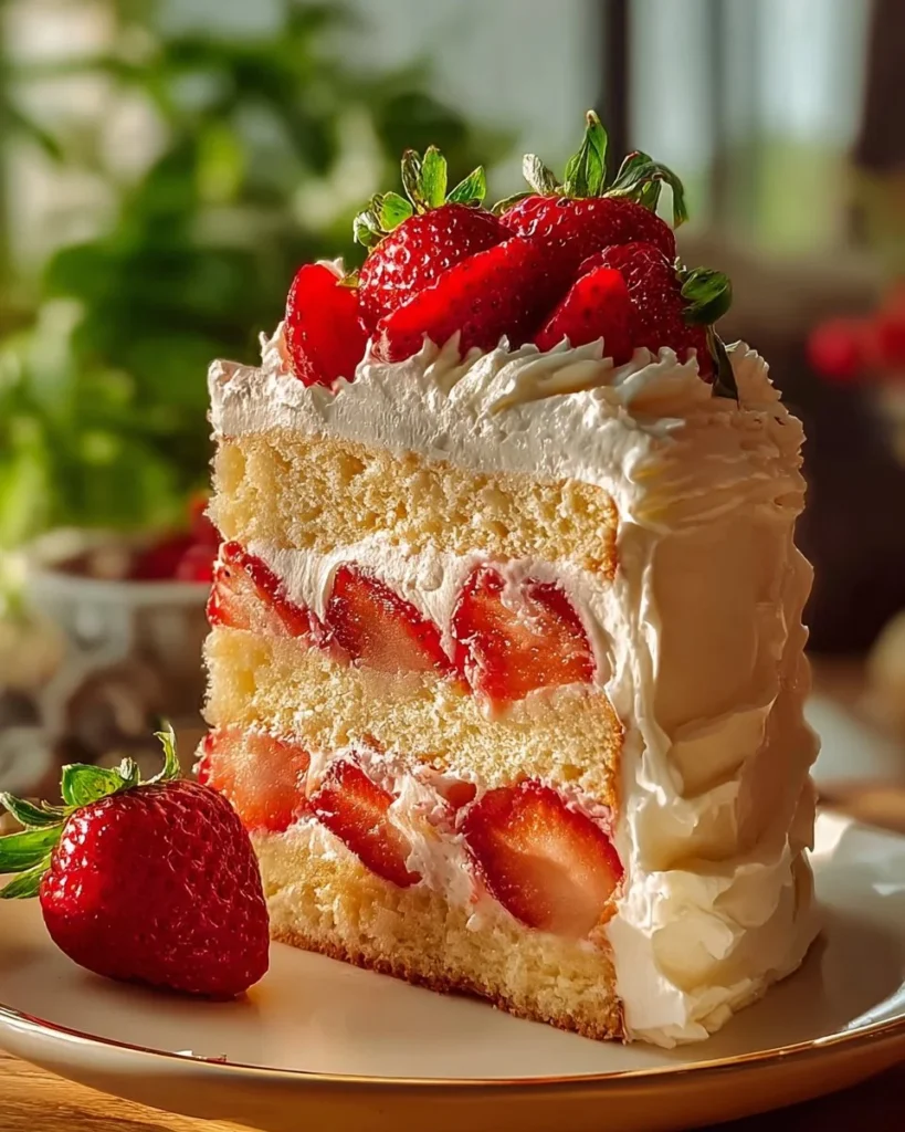 Strawberry Shortcake Layer Cake topped with fresh strawberries and whipped cream