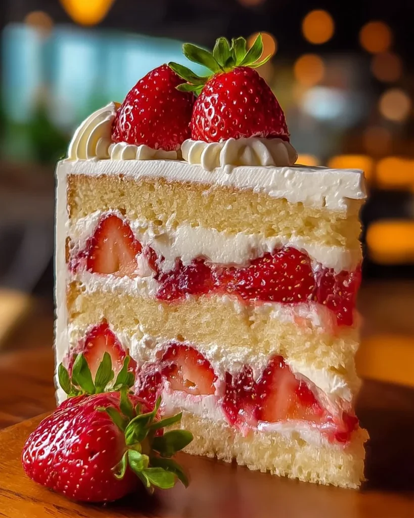 Delicious Strawberry Shortcake Layer Cake with fresh strawberries and whipped cream