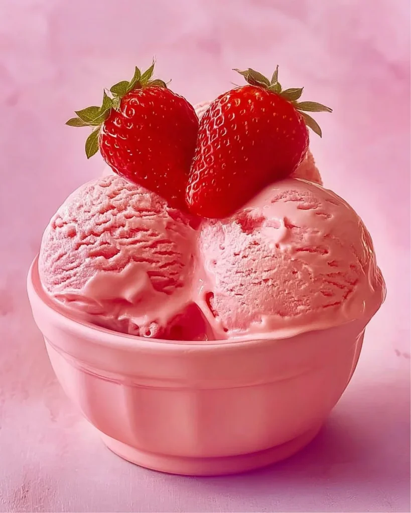 Strawberry Summer Breeze Ice Cream in a bowl topped with fresh strawberries