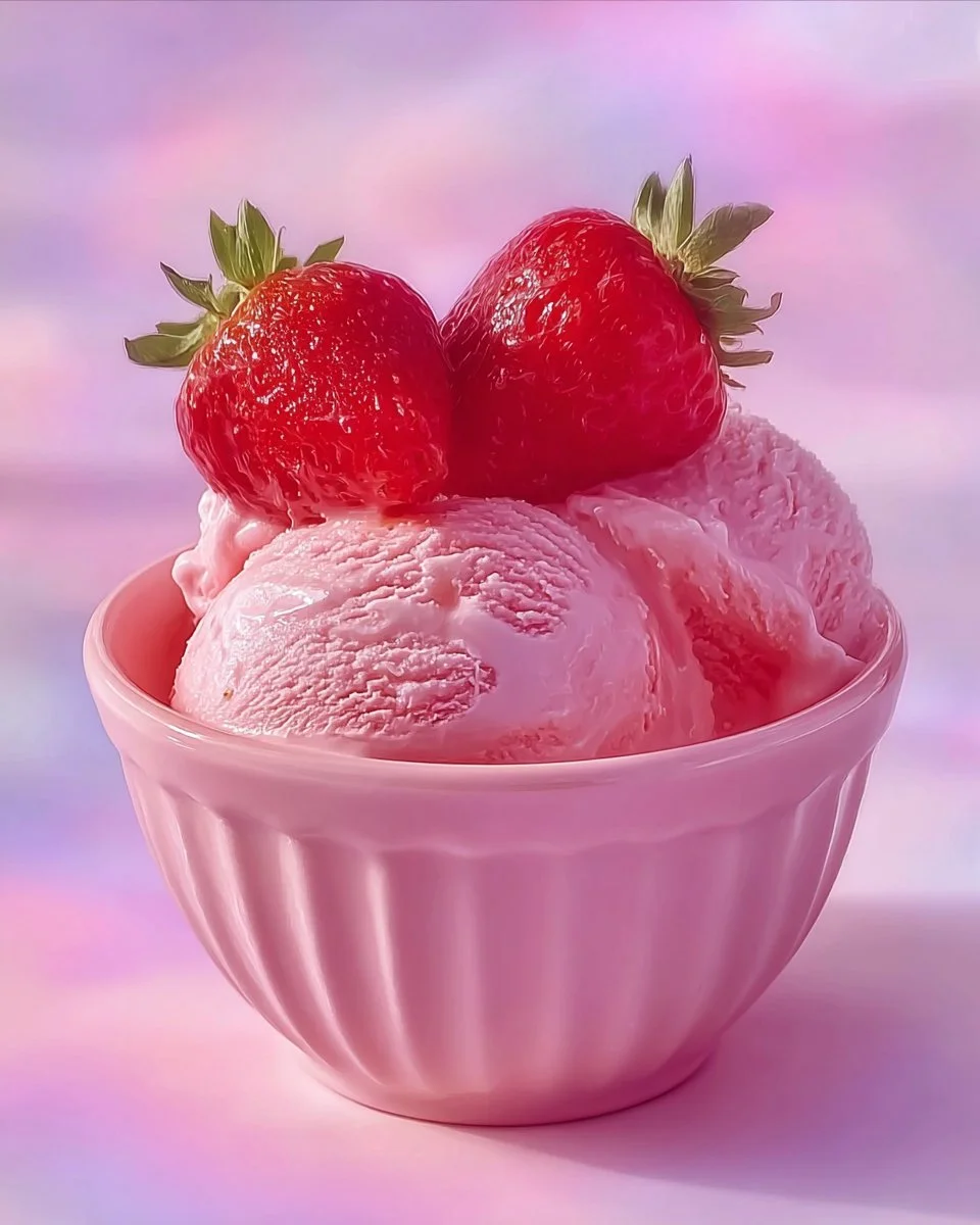 Delicious Strawberry Summer Breeze Ice Cream topped with fresh strawberries