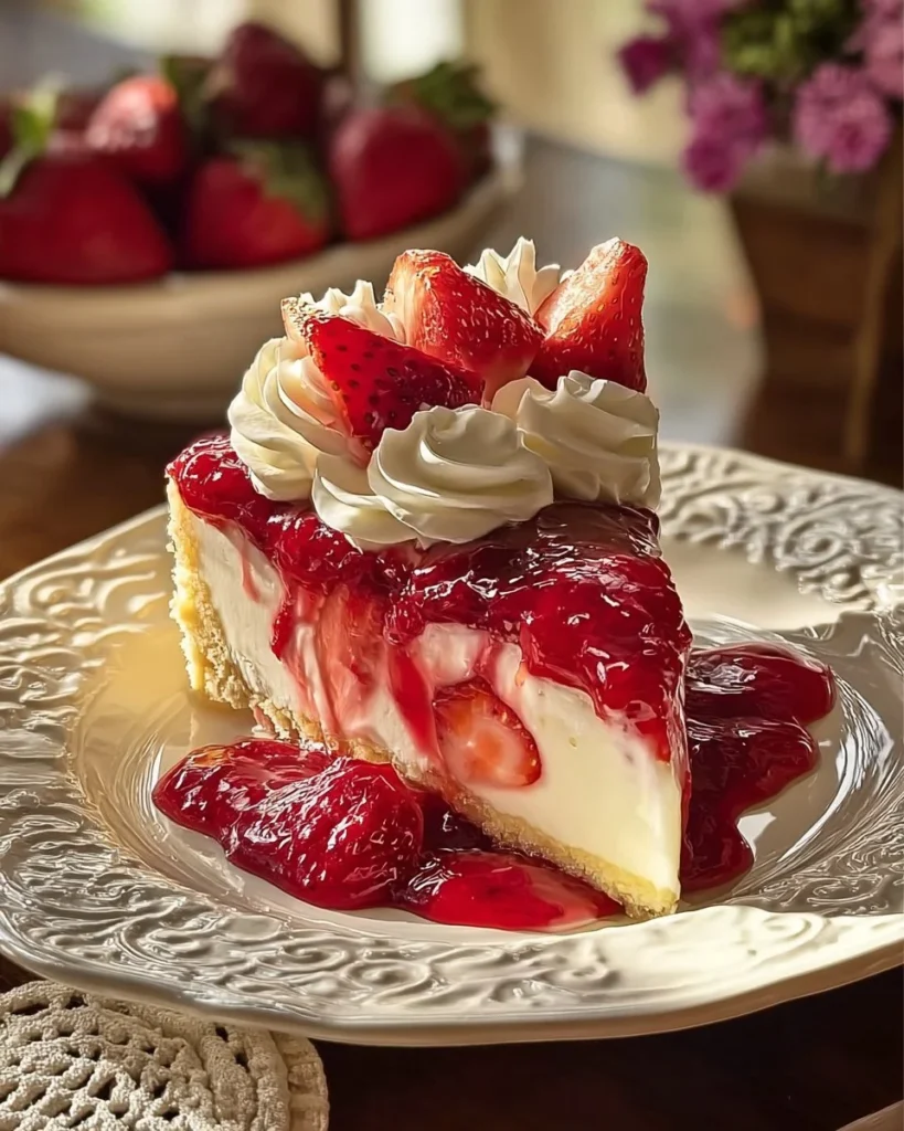 Delicious strawberry swirl cheesecake garnished with fresh strawberries and whipped cream.