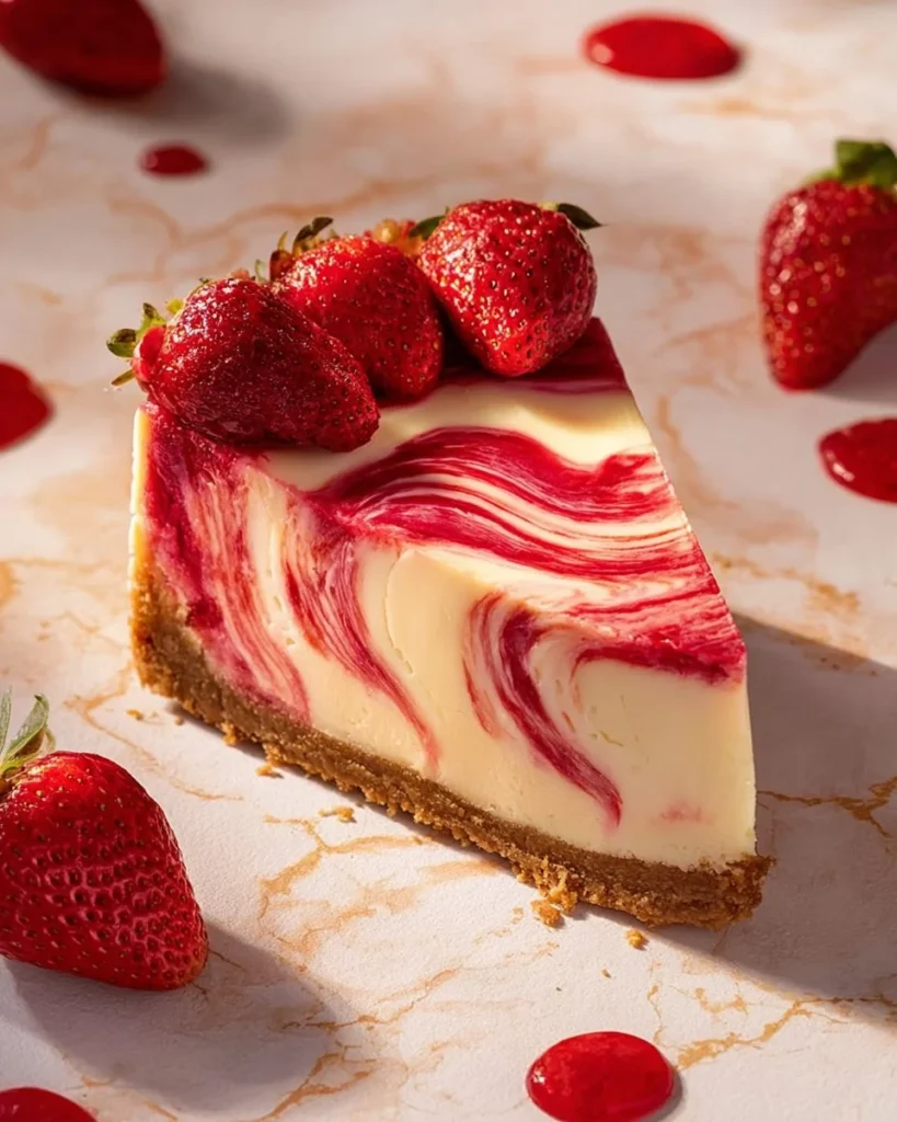 Delicious strawberry swirl cheesecake with a creamy texture and vibrant swirls.