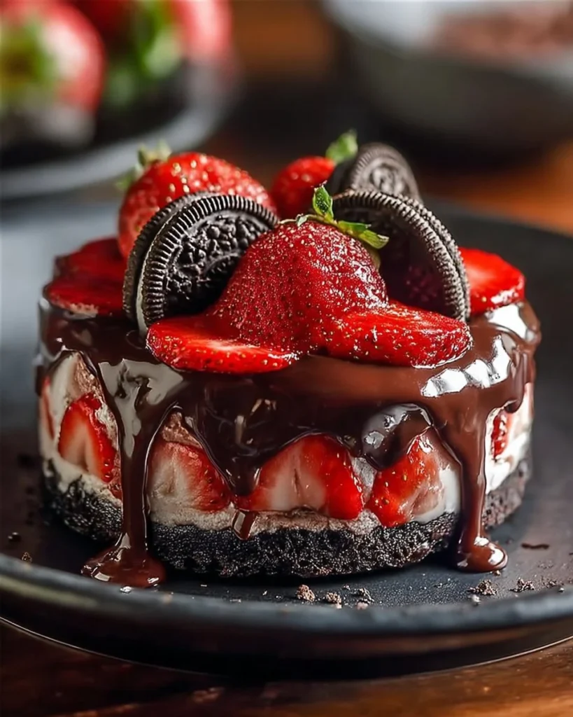 Delicious strawberry swirl cheesecake topped with fresh strawberries.