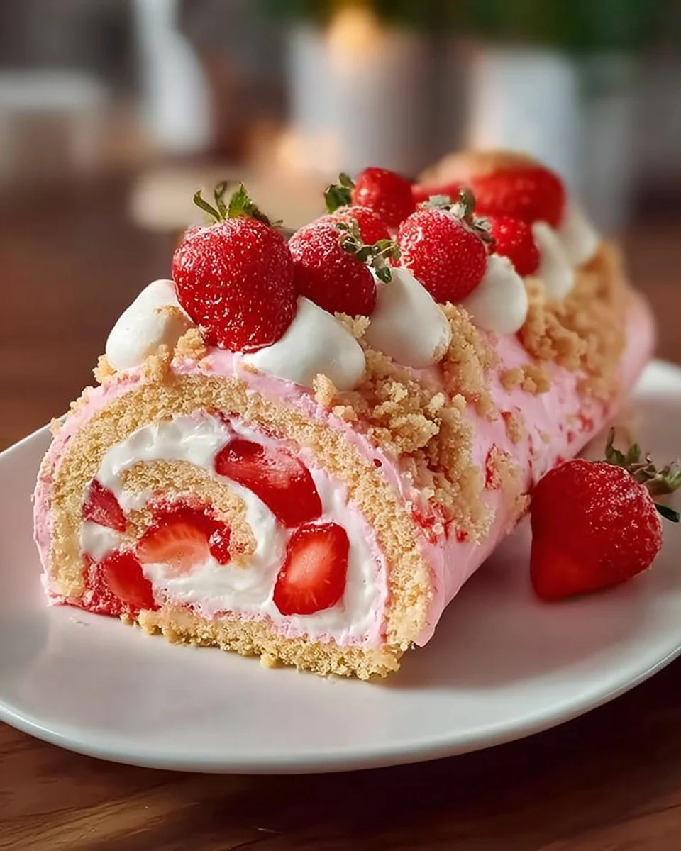 Delicious strawberry swirl roll cake with fresh strawberries and cream filling