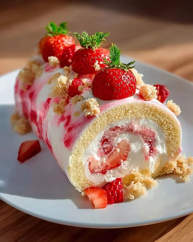 Delicious Strawberry Swirl Roll Cake with fresh strawberries and cream filling.