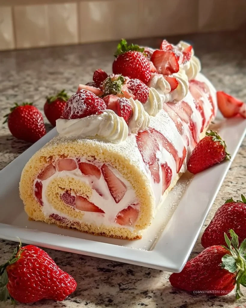 Delicious Strawberry Swiss Roll Cake with fresh strawberries and cream filling.