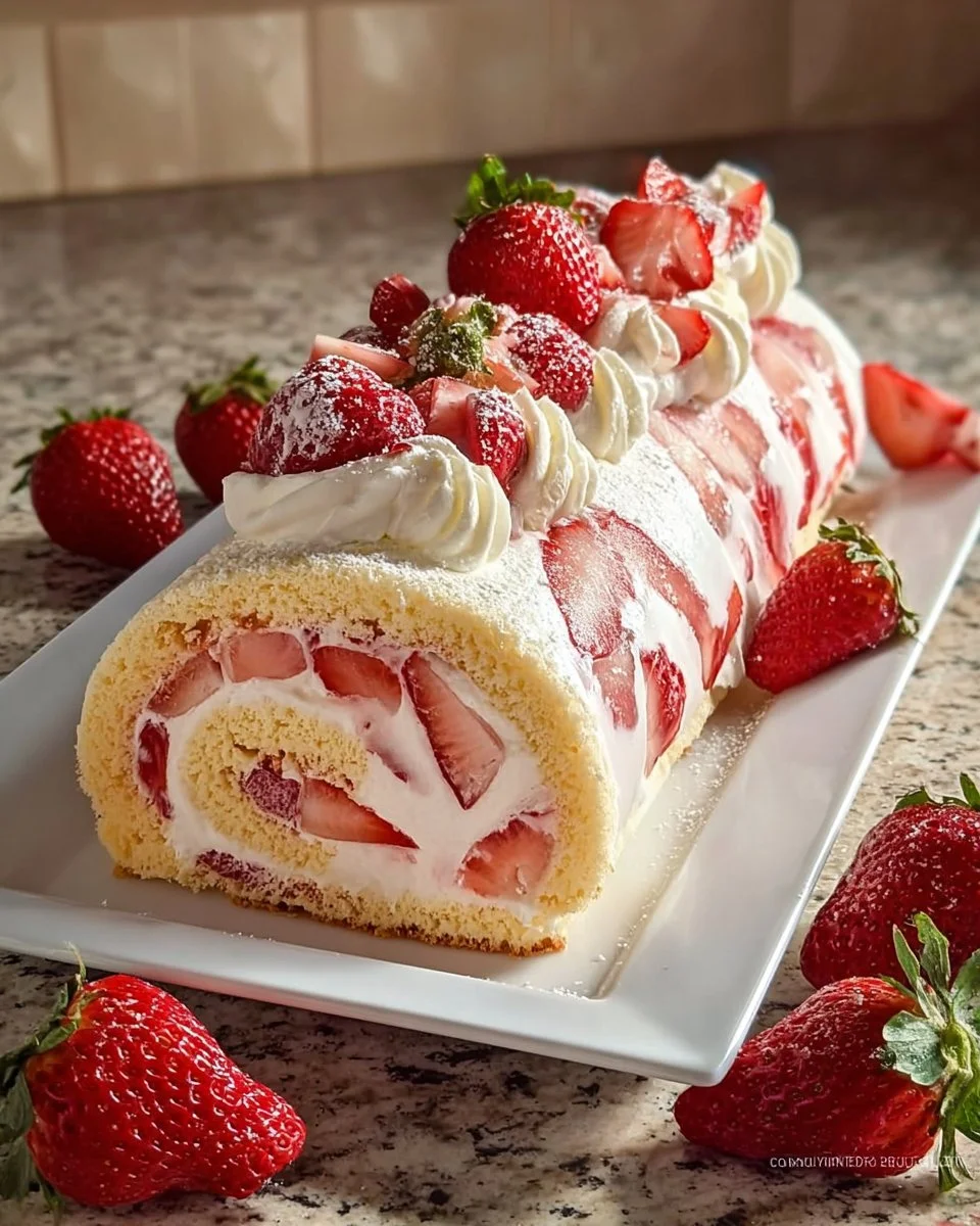Delicious Strawberry Swiss Roll Cake with fresh strawberries and cream filling.