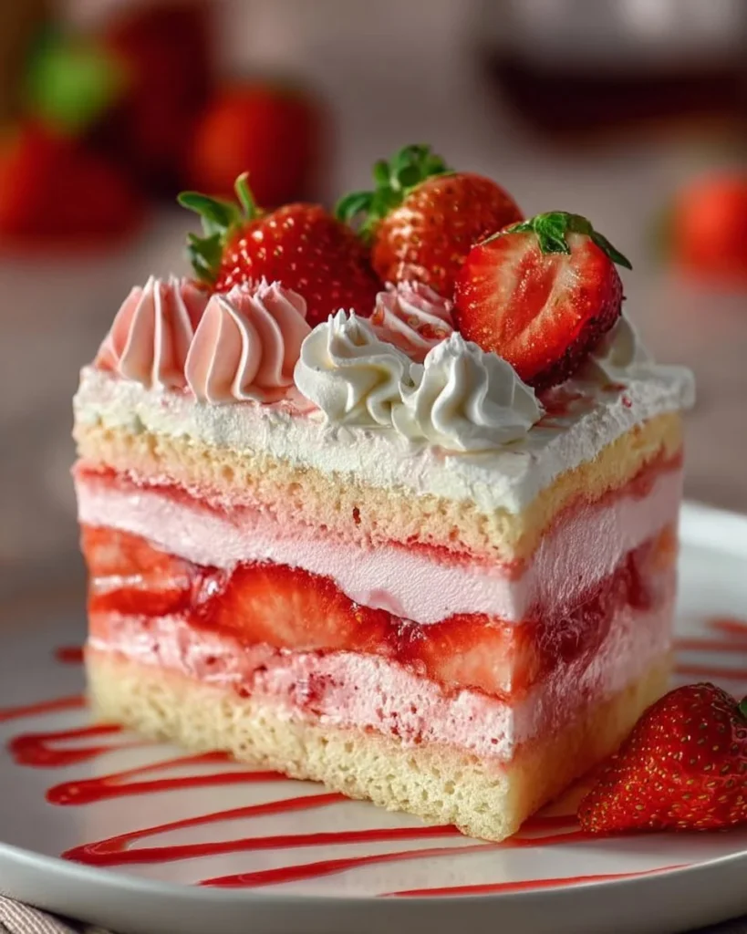 Delicious Strawberry Three Milks Cake topped with fresh strawberries and whipped cream