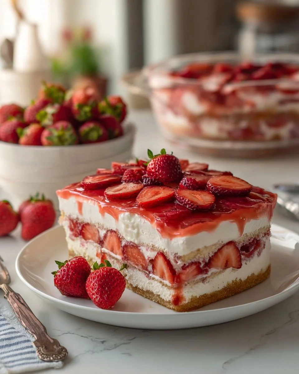 Delicious strawberry tiramisu dessert layered with strawberries and mascarpone