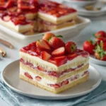 Delicious homemade strawberry tiramisu layered with fresh strawberries and creamy mascarpone.