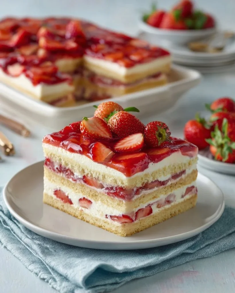 Delicious homemade strawberry tiramisu layered with fresh strawberries and creamy mascarpone.
