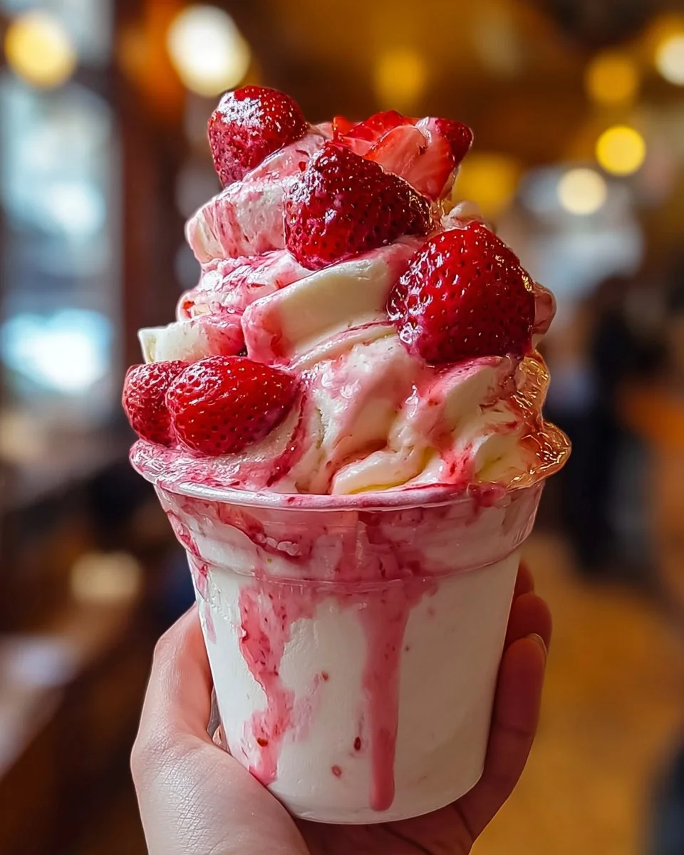 Delicious strawberry vanilla bean ice cream in a bowl with fresh strawberries.