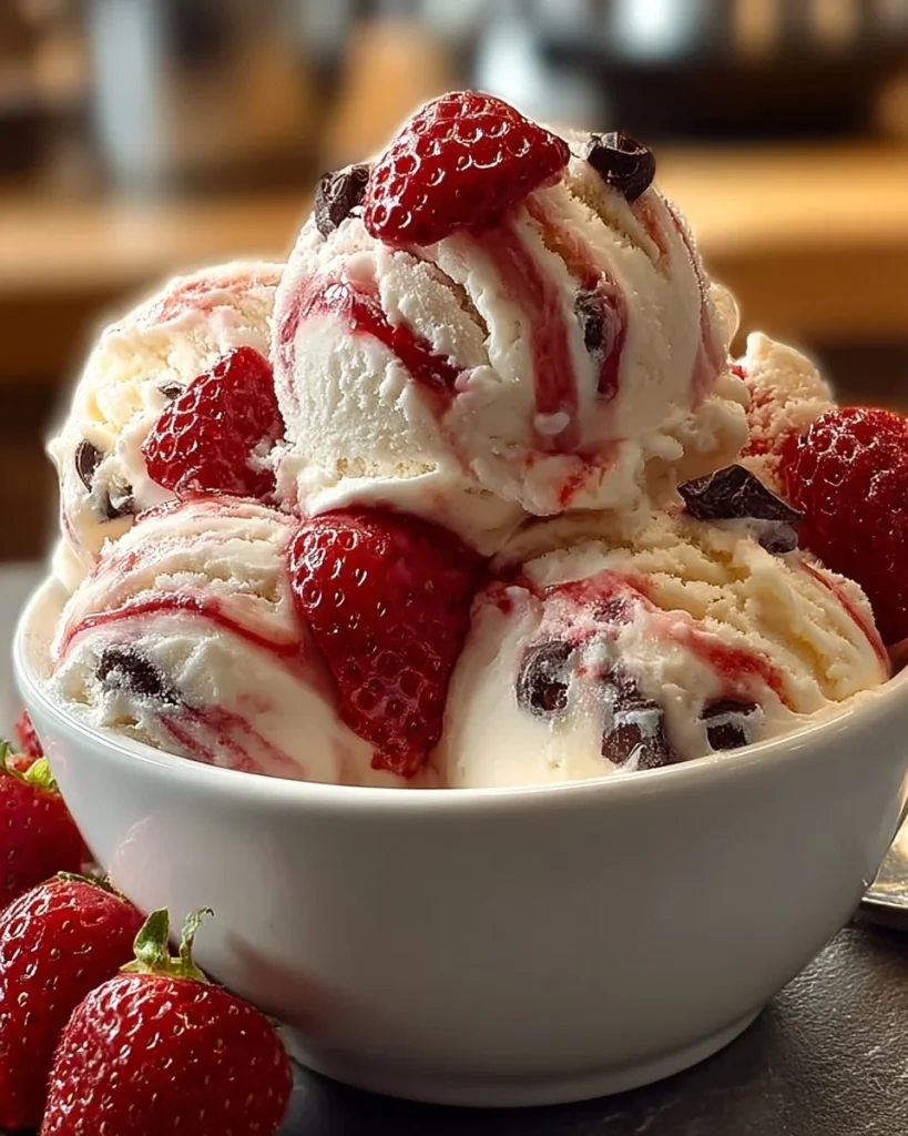 Delicious strawberry vanilla bean ice cream in a bowl with fresh strawberries.