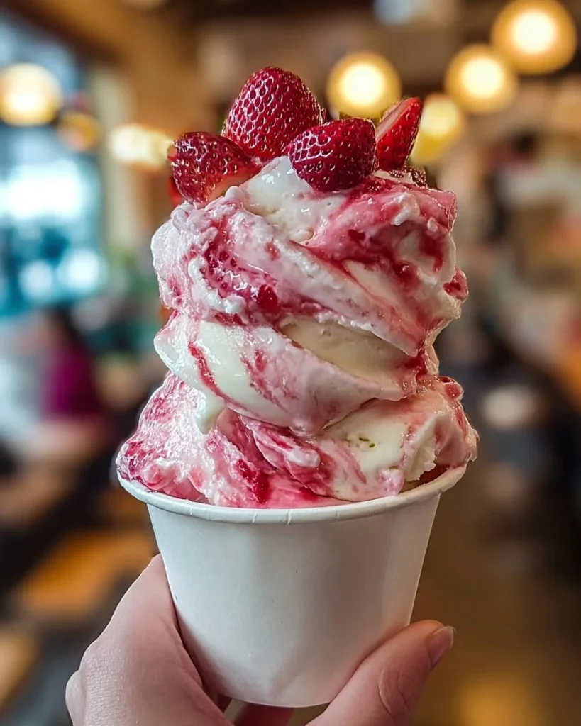 Delicious strawberry vanilla bean ice cream in a bowl with fresh strawberries.