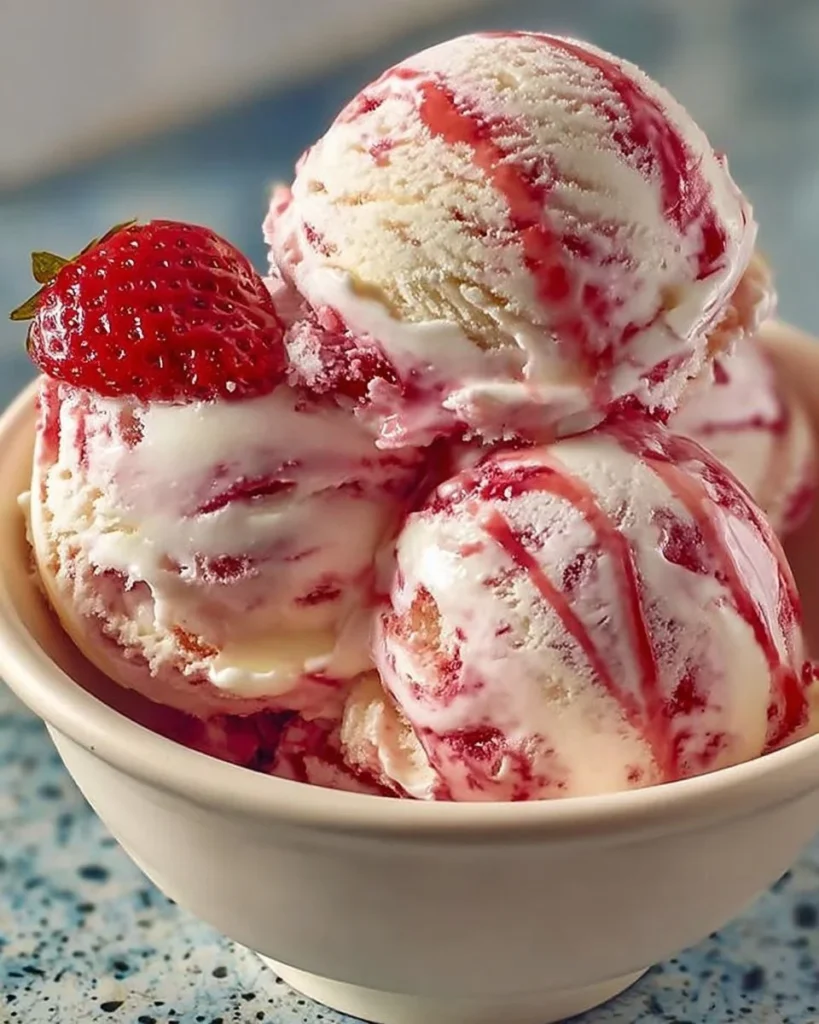 Strawberry vanilla bean ice cream in a bowl with fresh strawberries.