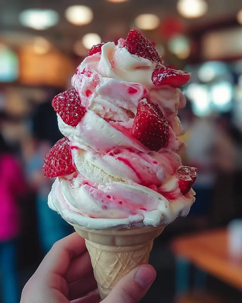 Creamy strawberry vanilla bean ice cream in a bowl with fresh strawberries.