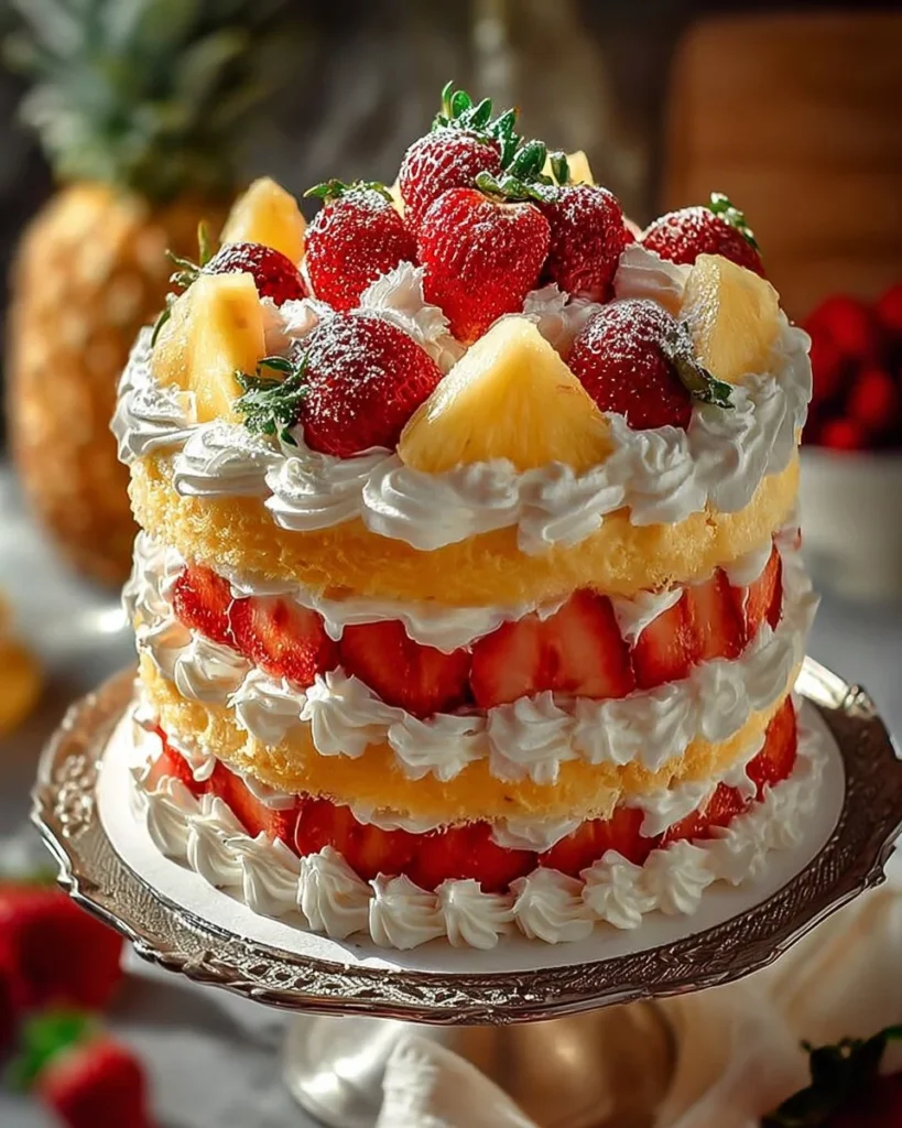 Strawberry Vanilla Cream dessert topped with fresh strawberries