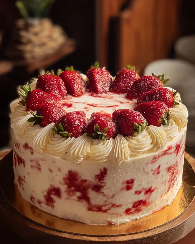 Slice of Strawberry Vanilla Dream Cake decorated with fresh strawberries and cream
